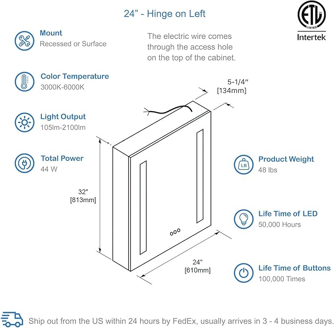 Blossom LED Medicine Cabinet Mirror for Bathroom, 24x32 Inch | Lighted Medicine Cabinet with Mirror | Recessed or Surface Makeup Mirror, Anti-Fog, 3 Color Dimmable | P1(M)-24-Left Hinge