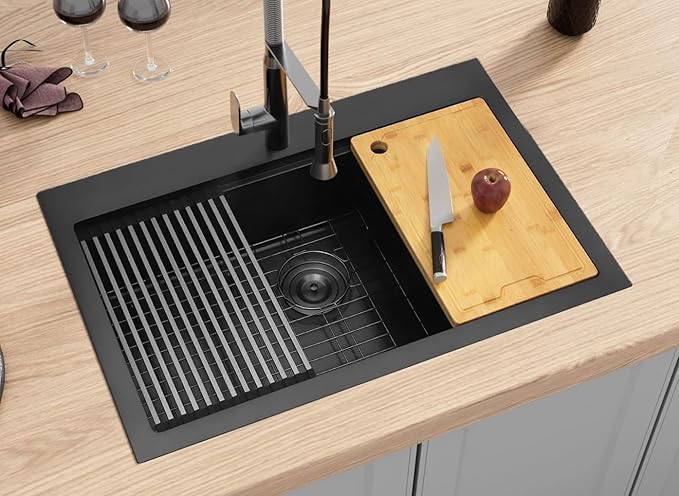 Drop In Black Kitchen Sink 33" X 22",Deep and Large Single Bowl Sinks,16 Gauge Stainless Steel Workstation Sink