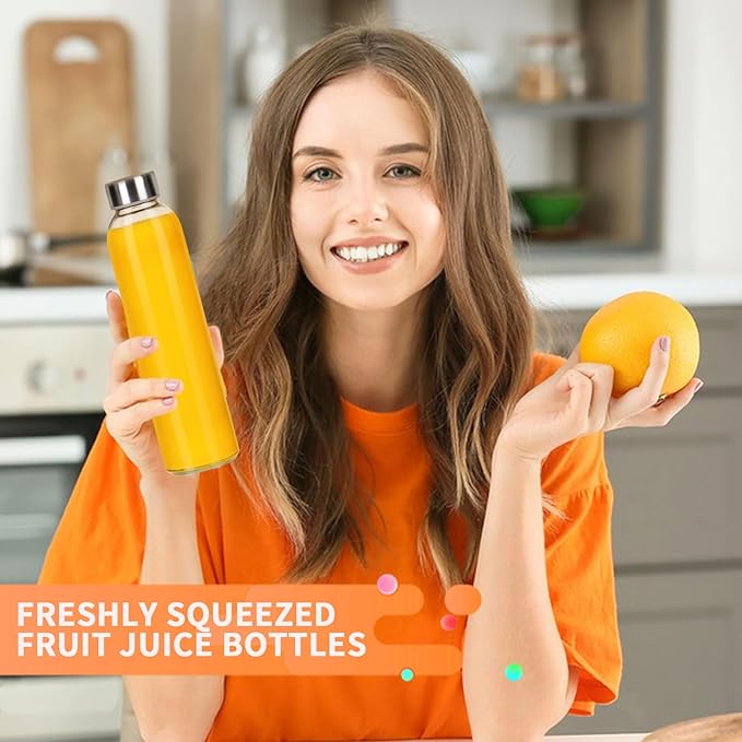 Glass Water Bottles,16 oz Clear Glass Bottles with Lids,Reusable Juice Bottles with Stainless Steel Cap,Portable Drinking Bottles for Soda Water,Kombucha