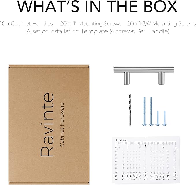 Ravinte 10 Pack | 4" Cabinet Pulls Brushed Nickel Stainless Steel Kitchen Cupboard Drawer Pulls Cabinet Handles 4 Inch Length，2-1/2 Inch Hole Center with Mounting