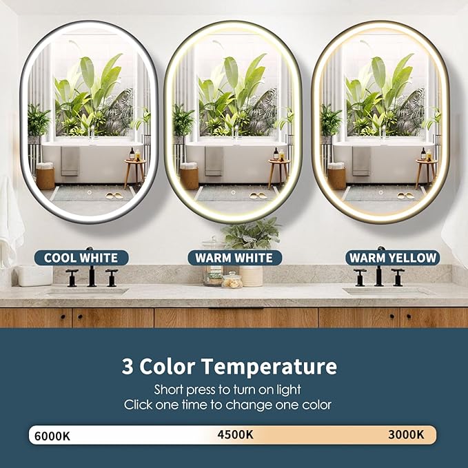 Movo 21x 31 Inch Led Oval Medicine Cabinet, Anti-Fog Bathroom Medicine Cabinet with Light, 3 Color Wall Mounted Storage Cabinet Mirror, Smart Touch Switch