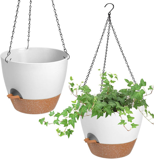 Hanging Planters for Indoor Outdoor Plants, 2 Pack Self Watering Hanging Pot with Drainage Holes & Removable Tray (White, 10'')