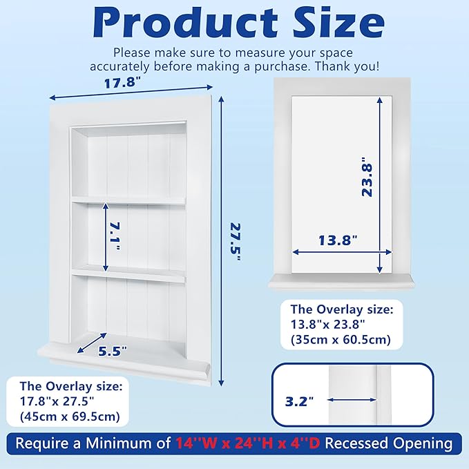 Royxen Bathroom Wall Cabinet with 3-Tier Shelves,Wooden Recessed Medicine Cabinet Over Toilet Storage Cabinet,Bathroom Cabinet Wall Mount for Home Storage, 14 x 24 Inch, White