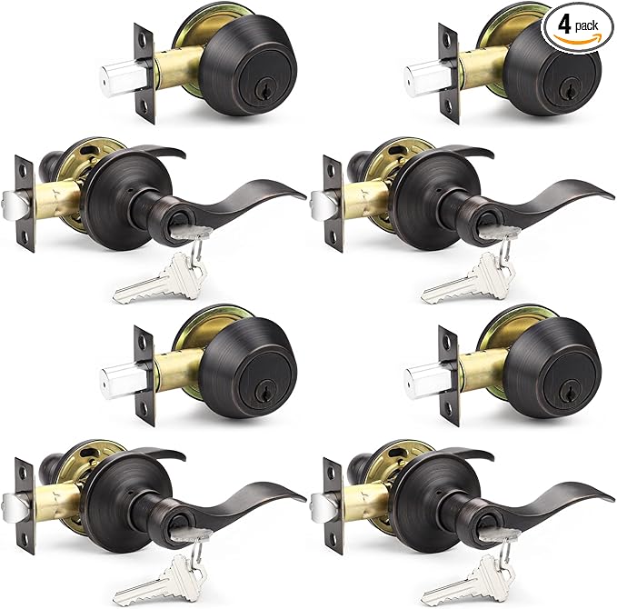 Probrico Door Lock Set with Deadbolt Oil Rubbed Bronze, Keyed Alike Door Handle and Deadbolt Set, Front Exterior Door Lock Single Cylinder, 4 Sets