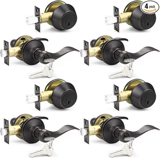 Probrico Door Lock Set with Deadbolt Oil Rubbed Bronze, Keyed Alike Door Handle and Deadbolt Set, Front Exterior Door Lock Single Cylinder, 4 Sets