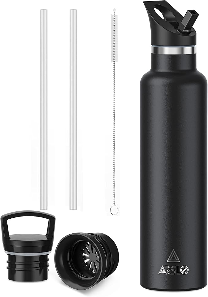Stainless Steel Water Bottle with Straw - Insulated Water Bottle for Sports, Gym, School, Commute, Adults/Kids - Keep Cold for up to 24 Hours - Sweat/Leak-proof - 2 Lids - BPA Free