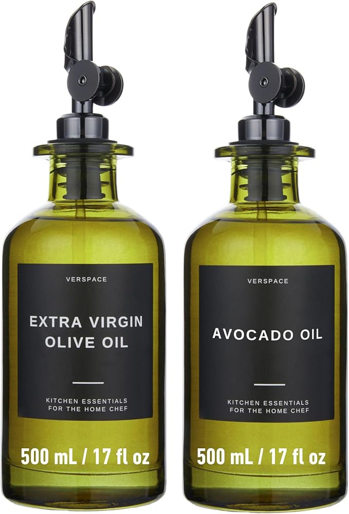 Green Glass Olive Oil Dispenser Bottle For Kitchen By Verpsace,Avocado Oil Dispenser Set, Modern Decor, Gold Kitchen Accessories for Home, Airbnb, Cafe (Black, Set of 2)