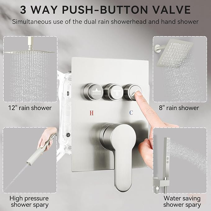 Shower Faucet Set Matte Black Shower System, 12" Ceiling Rainfall Shower and 8" Rain Shower with 2 in 1 Handheld, Can Use All at Once, Wall Mount Pressure Balance Rough-in Valve and Trim Kit