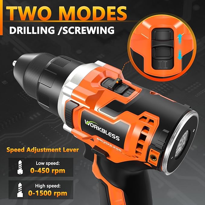 12V Brushless Power Drill, Cordless Drill with LCD Smart Display, 29+1 Torque Setting, 3/8 Inch Keyless Metal Chuck, 2.0Ah Battery, Fast Charger and 18Pcs Bits Included(Orange)