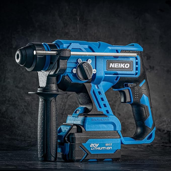 NEIKO 10882A Cordless Rotary Hammer Drill, Includes 20-Volt Li-ion Rechargeable Battery, Fast Charger, SDS Plus Hammer Drill, Heavy Duty Brushless Demolition Hammer, Cordless Hammer Drill, Rotohammer
