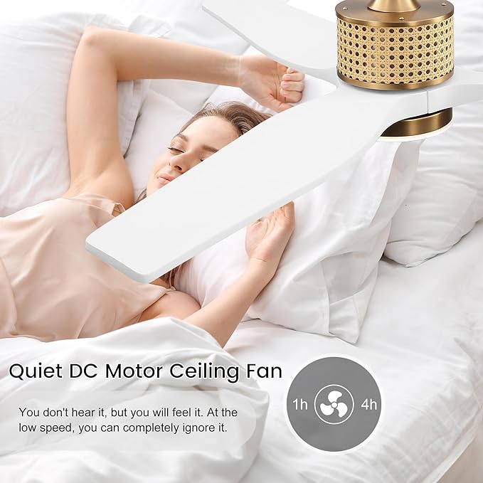52" Ceiling Fan with Light and Remote, 3 Solid Wood Blades, Noiseless Reversible DC Motor Ceiling Fan with 4.5"/12" Downrods for Bedroom/Living Room/Porch (Gold/White)