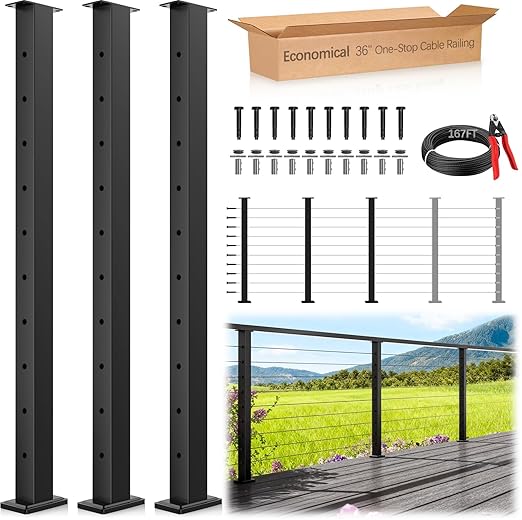 3 Pack Economical One-Stop Cable Railing Post Kits 36", Stainless Steel T304 Deck Railing System with Swageless Tensioner, Upgraded Black Powder Coated Level Drilled Post Kits with DIY Length