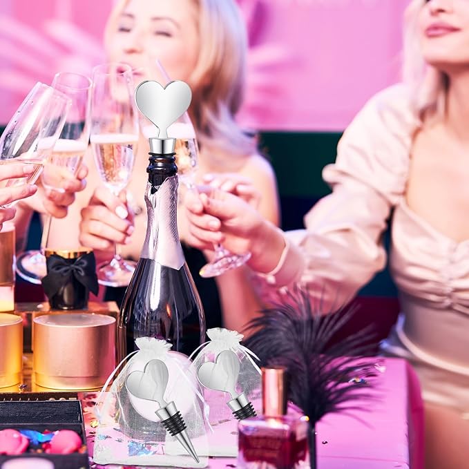 Blank Heart Shape Wine Stopper Stainless Steel Beer Stopper Blank Board Stopper with White Sheer Organza Bags Wedding Favor for Guests Wine Party Gifts Bridal Shower(Silver,24 Sets)