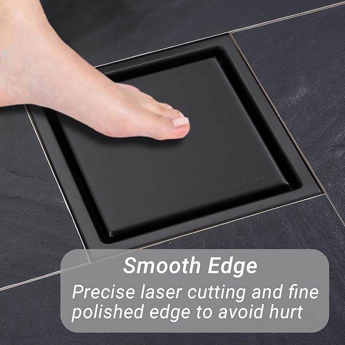 4 Inch Shower Floor Drain, SUS304 Stainless Steel Square Bathroom Floor Drain with Flange Reversible 2-in-1 Cover Insert Tiles for Filtering, Matte Black