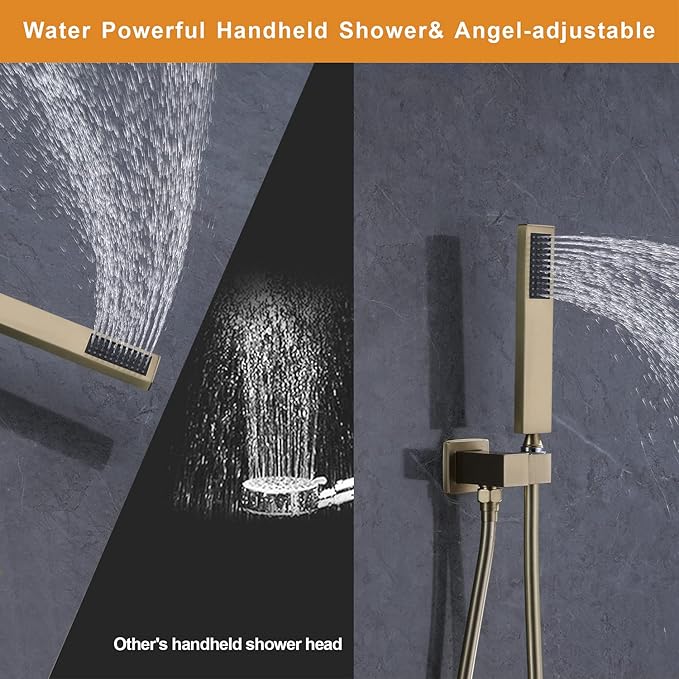 Rain Shower System with Handheld Shower, Bathroom Shower Faucet set 10 Inch Wall Mounted Bathroom Luxury Rainfall Mixer Shower Combo Set with Valve and Trim Kit, Brushed Gold