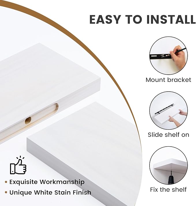 Fun Memories Farmhouse Floating Shelves - 8 Inch Deep Rustic Wood Wall Shelf - Premium Solid Pine Wood Storage Shelf for Kitchen Living Room Bedroom - 30" W x 8" D - Set of 2 - White