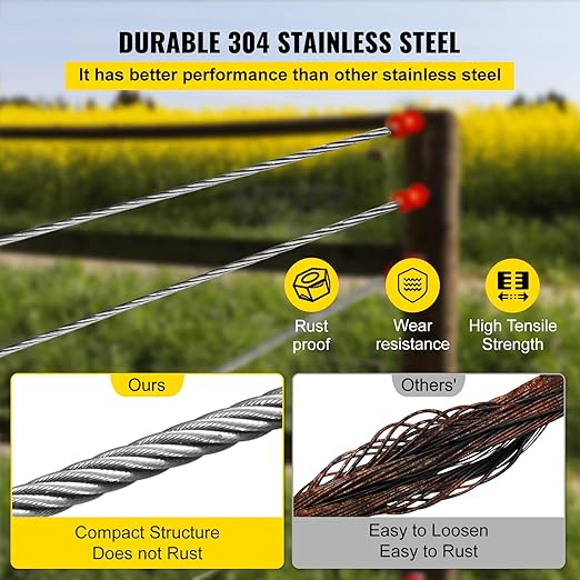 VEVOR 3/16 T304 Stainless Steel Cable 250FT, 3700 LBS Breaking Strength Cable Railing System Wire Rope Aircraft Deck Railing Kit Fence Wire