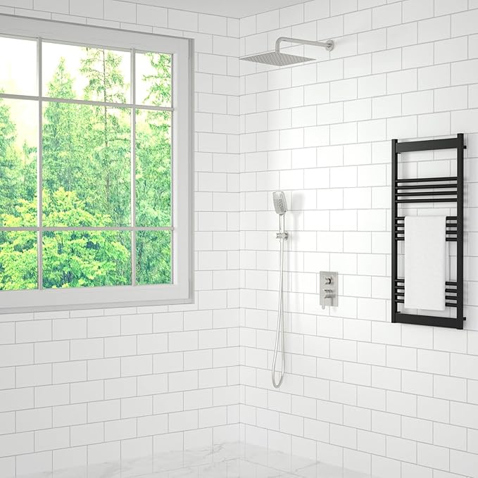 Shower Faucet Set - 12 inches Rain Shower System with 6 Function Handheld Shower Head Rough in Pressure Balance Valve Kit - Stainless Steel Bathroom Shower Kit Complete Brushed Nickel