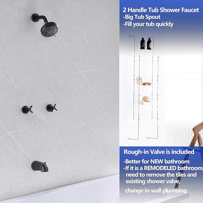 2 Handle Shower Faucet with Tub Spout Bathtub Shower Faucet Set, Tub and Shower Trim Kit Matte Black Wall Mounted