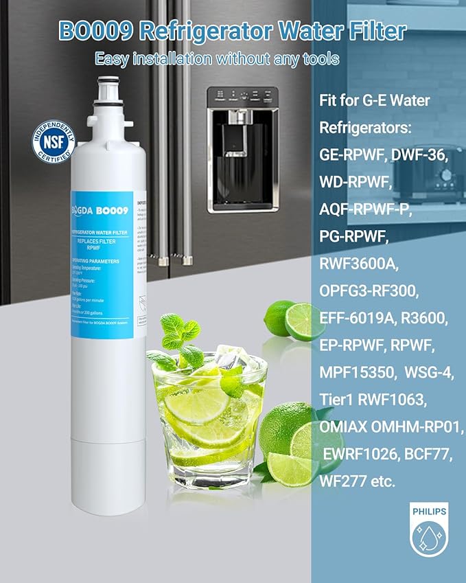 Upgraded BOGDA RPWFE Water Filter Fit for G-E RPWFE, RPWF, WSG-4, WF277, GFE28GMKES, PFE28KBLTS, GFD28GSLSS, PWE23KSKSS, GYE22HMKES, DFE28JSKSS, GYS22GSNSS, 2 Filter
