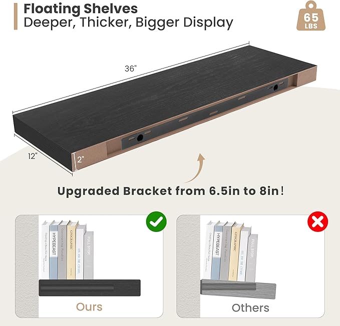 Heimlove 12" Deep Floating Shelves, 36 x 12 Inch Wall Mounted Long Floating Shelf with Invisible Brackets, for Home Decor, Bedroom, Kitchen, Living Room, Bathroom - 2 Pack, Black