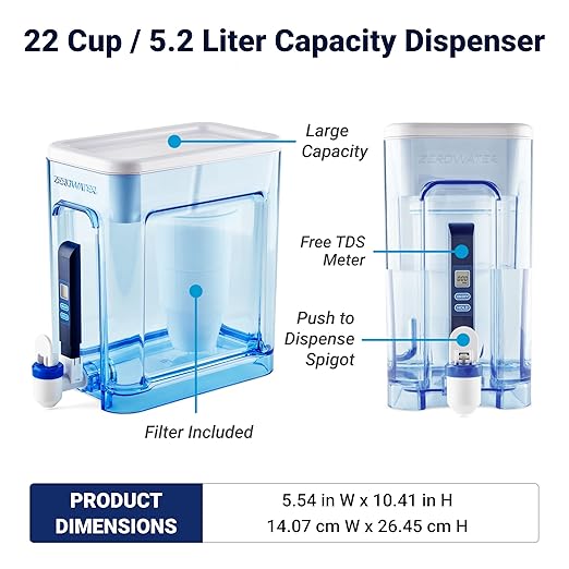 Culligan ZeroWater 22-Cup Ready-Read 5-Stage Water Filter Dispenser with 5-Stage 0 TDS Water Filter – IAPMO Certified to Reduce Lead, Chromium, and PFOA/PFOS
