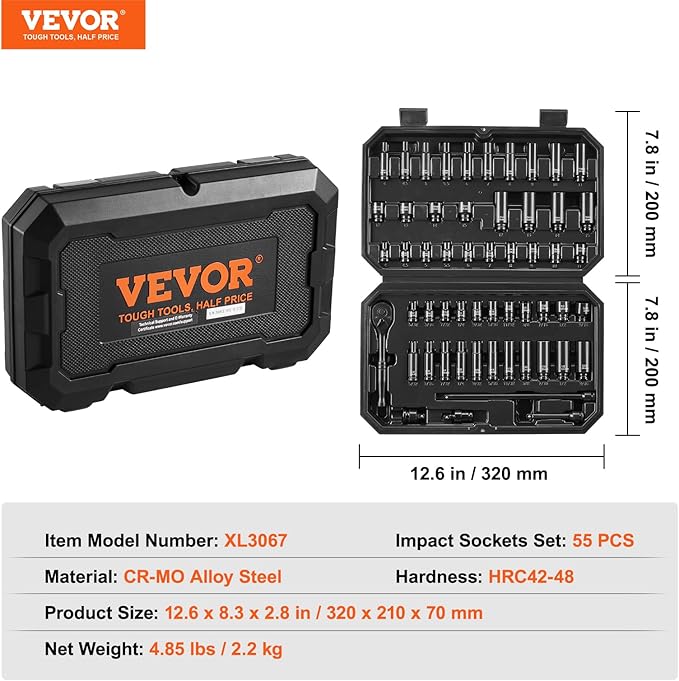 VEVOR Impact Socket Set 1/4" Drive, 55-Piece Deep & Shallow Socket Set Standard SAE (5/32 to 9/16 inch) & Metric (4 to 15 mm) Size, 6 Point, CR-V, Extension Bar, Universal Joint, Reducer