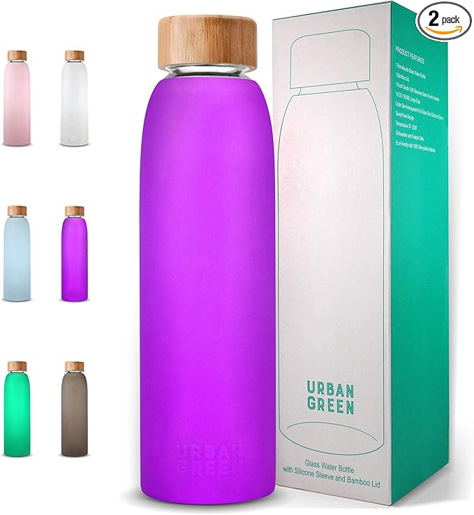 Glass Water Bottle with Protective Silicone Sleeve and Bamboo Lid Urban green, 18oz, 1extra 304 Stainless Steel Lid with Handle, BPA Free, Dishwasher Safe, Valentine Gift