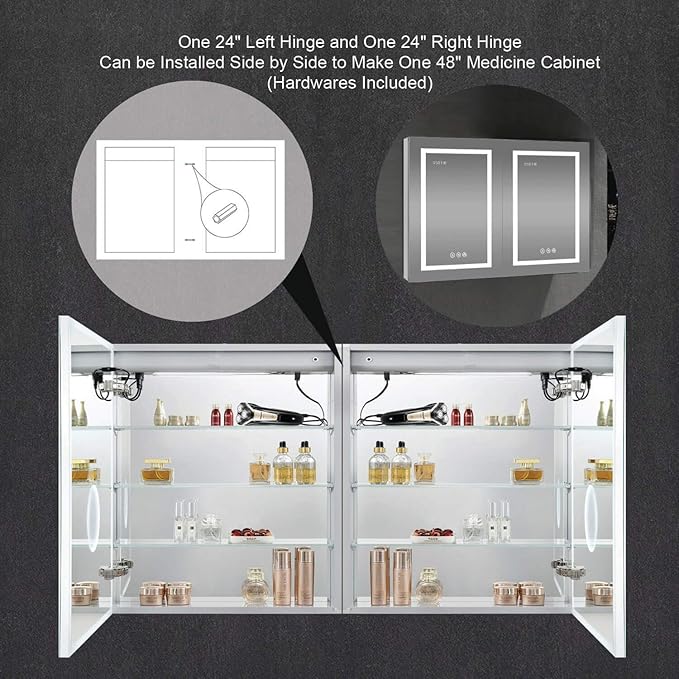 Blossom LED Medicine Cabinet with Mirror, 24x32 In | Lighted Bathroom Mirror Medicine Cabinet with Defogger | Recessed or Surface 3X Makeup Mirror, 3 Color Dimmer, Outlets & USB | A2(M)-24-Right Hinge