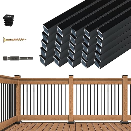 Muzata 25Pack 26" x3/4" Aluminum Deck Balusters Square Baluster Deck Railing Black Hollow Spindles with Screws for Railing Fencing Porch WT12