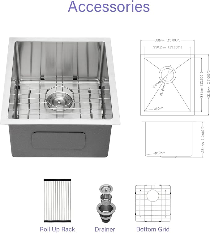 Lordear 15 Bar Sink Undermount 15x17 Inch Stainless Steel Undermount Sink Bar Prep Sink 16 Gauge R10 Round Corner Deep Single Bowl Handmade Sinks