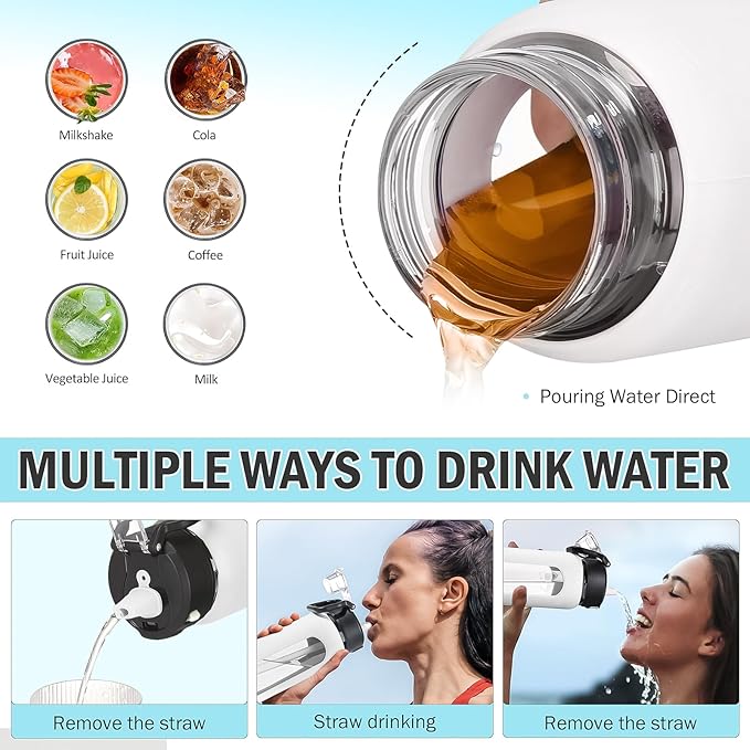 Kodrine Water Bottle With Straw and Carry Handle, Glass Water Bottle 24 oz Leak Proof Locking Lid with Soft Silicone Spout, Small Clear Water Bottle, Travel Sports Water Jug, Time Marker, White