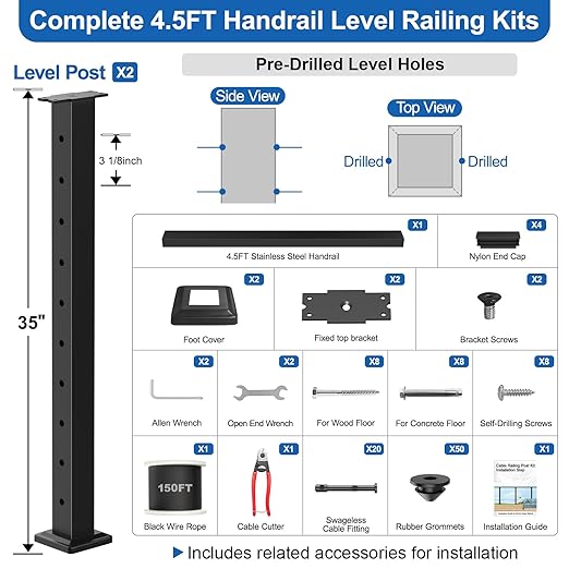 4.5FT Complete Set 36" Black Cable Railing Post Kit with Handrail Length Adjustable, 2pc Surface Mount Pre-Drilled Level Posts, Swageless Cable Railing System Kit, 150FT 1/8" Wire Rope,MY20-LP