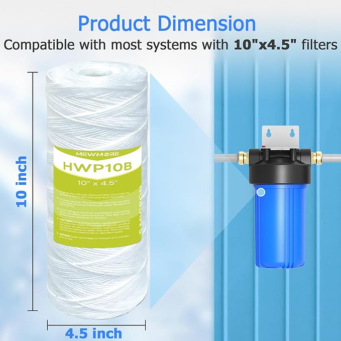 5 Micron Whole House Water Filter Cartridge, String Wound Sediment Filters for Well Water, Replacement for 84637, WPX5BB97P, WP10BB97P, 355215-45 - 10" x 4.5" Cartridges - Pack of 4