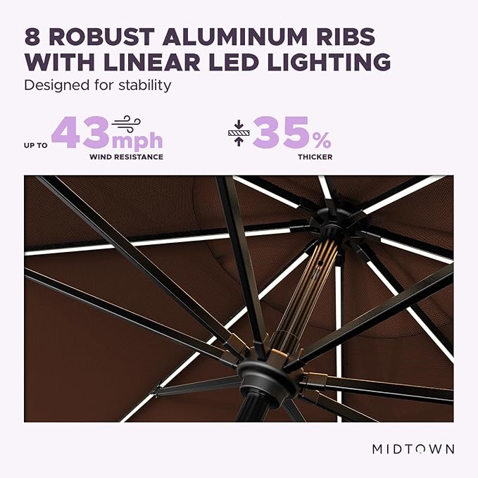 Midtown Umbrellas Led Swilt Sunbrella Umbrella 9 Ft Patio Umbrella With Sunbrella Bay Brown Acrylic Fabric - Deck Patio Umbrella, Backyard Umbrella, Garden Umbrella & Pool Umbrella - Black Pole