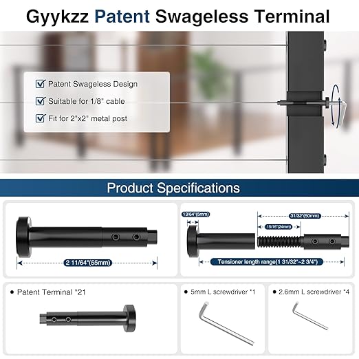 [Patent] Gyykzz 21Pack Black Swageless Invisible Cable Railing Kit, T316 Stainless Steel Reusable Fitting for 1/8" Cable, Screw-Locking Hardware No Crimping Required, Fit for 2"x2" Metal Railing Post