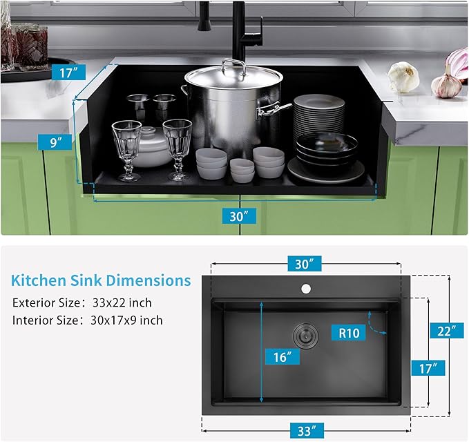 Drop In Black Kitchen Sink 33" X 22",Deep and Large Single Bowl Sinks,16 Gauge Stainless Steel Workstation Sink