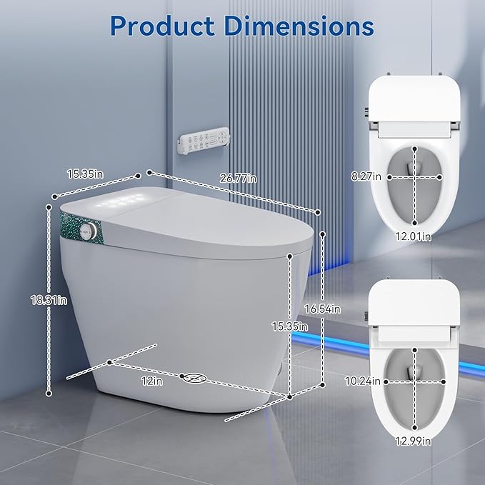 Smart Toilet with Bidet Built In, Elongated Heated Seat, Warm Water & Dryer, One Piece Bidet for Bathrooms, Modern Smart Toilet with Auto Flush, Night Light, LED Display, and Remote Control