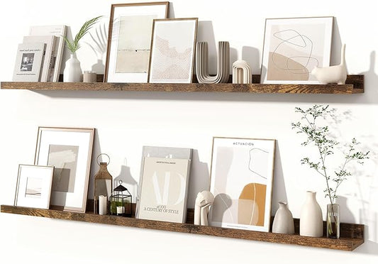 Fun Memories Picture Ledge Shelves Set of 2, 48 Inch Rustic Wall Mounted Floating Shelves with Lip for Home Storage and Décor in Bathroom, Kitchen, Nursery, Bedroom, Living Room, Brown
