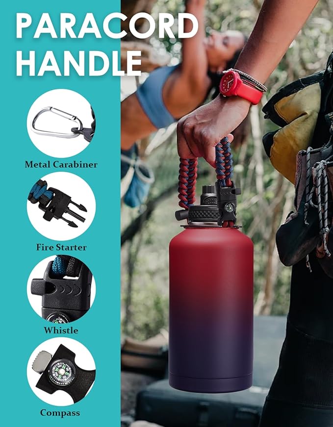 Half Gallon Water Bottle with Straw - Spout Lid, 64oz Insulated Water Jug Carrying Sleeve with Strap, Paracord Handle, Silicone Boot, Stainless Steel Metal Coldest Canteen for Women, Lilac Purple