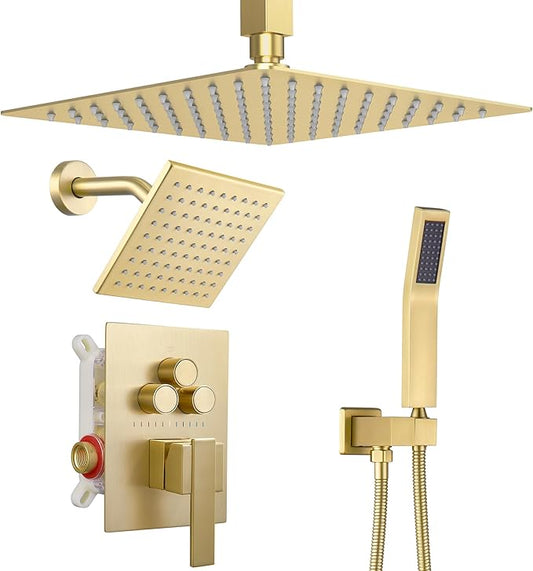 Dasan Brushed Gold Dual Shower Heads System with Ceiling 12-Inch Rainfall Shower & Wall Mount 6-Inch High Pressure Shower Head, Full Body Dual Shower Head Set