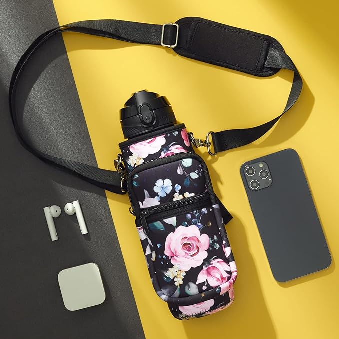 Fimibuke 32 oz Water Bottle with Sleeve - BPA Free Leakproof Sport Large 1L Plastic Motivational Water Bottle with Straw Strap & Insulated Neoprene Holder Carrier Bag Great Xmas Gift for Women Men