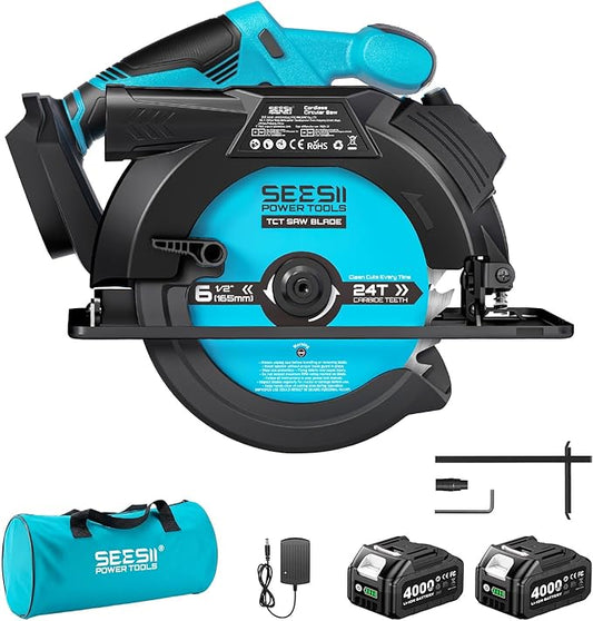 Seesii 6-1/2" Cordless Circular Saw with Battery and Charger,5200 RPM Electric Power Saw with Laser and Rip Guide for Precise Wood Cutting,Max Cut Depth 2-1/4"(90°),1-7/16" (45°) for Home Renovation