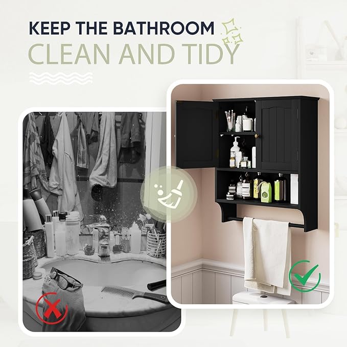 Smuxee Black Bathroom Cabinet Wall Mounted with Towels Bar, Medicine Cabinet with 2 Door Adjustable Shelves, Over Toilet Cabinet for Bathroom Laundry Room Kitchen