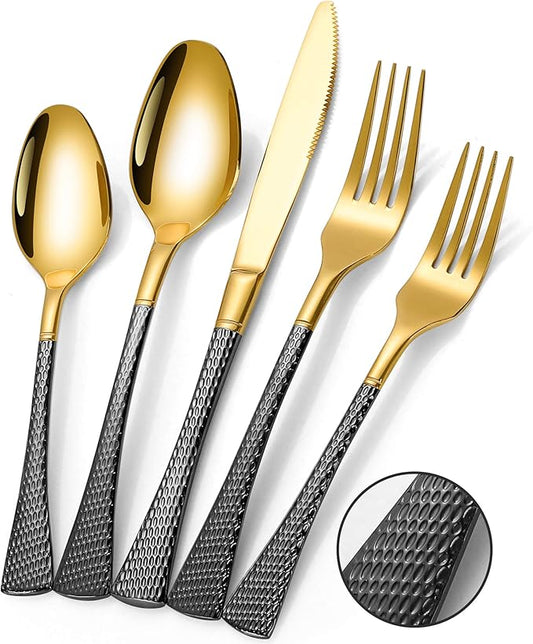 Hammered Black Gold Silverware Set,20 Piece Modern Flatware Set Service for 4,Mirror Polished Stainless Steel Cutlery Set Utensil Set Tableware Set,Kitchen Knives Fork Spoon Set,Dishwasher Safe