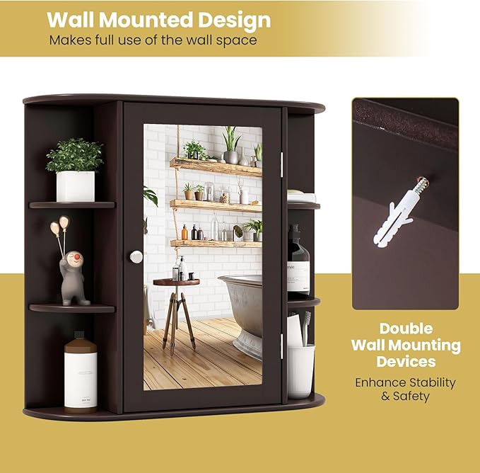Tangkula Bathroom Medicine Cabinet with Mirror, Wall Mounted Home Storage with Door & 6 Open Shelves, Adjustable Shelves, Mirrored Bathroom Wall Cabinet (Coffee)