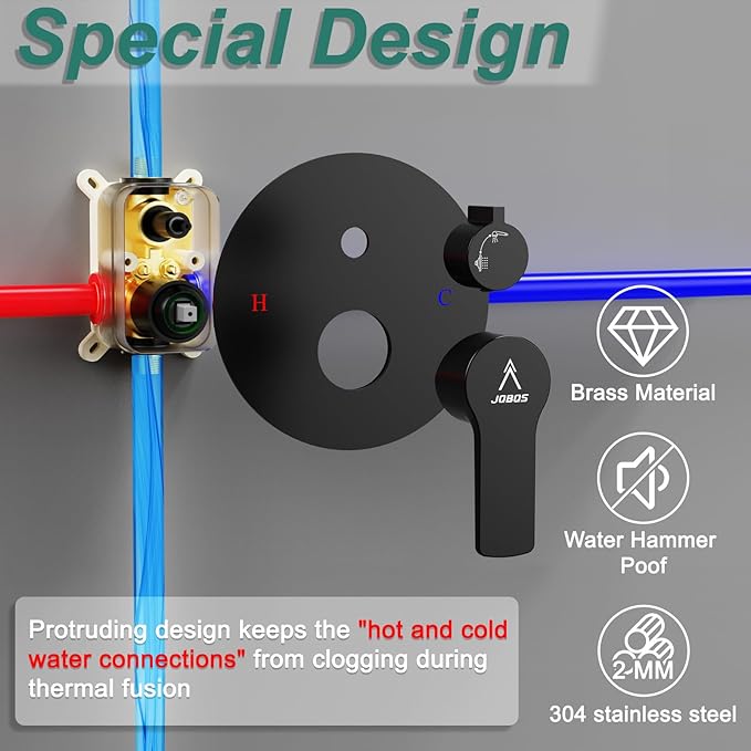 Shower Faucet Set 12IN Brass Rough-In Valve Body Trim Kit Rainfall Included Handle Accessories Complete 2 Functions with Rain Head and Handheld Bathroom Systems (12'', Matte Black)