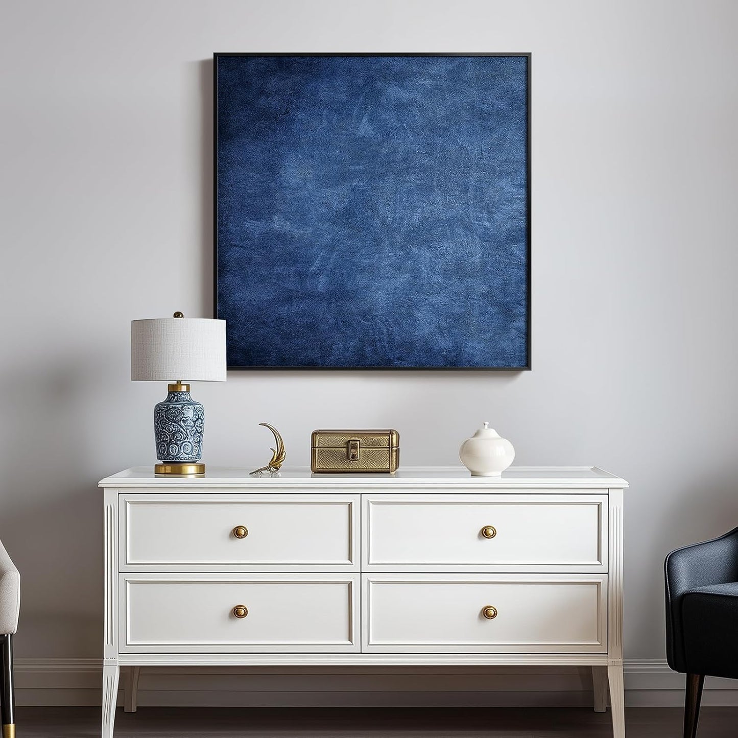 Large Framed Navy Blue Modern Abstract Wall Art for Living Room, Canvas Paintings Artwork for Walls, Minimalist Blue Art Prints Pictures for Hallway, Bedroom, Office Wall Decor -30x30 Inch