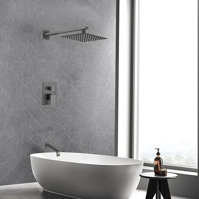 Grey Shower Faucet Set with Tub Spout Bathroom Luxury Rain Mixer Shower Head System Wall Mounted Shower Faucet Complete, Single Handle Tub and Shower Trim Kit with Rough-in Valve