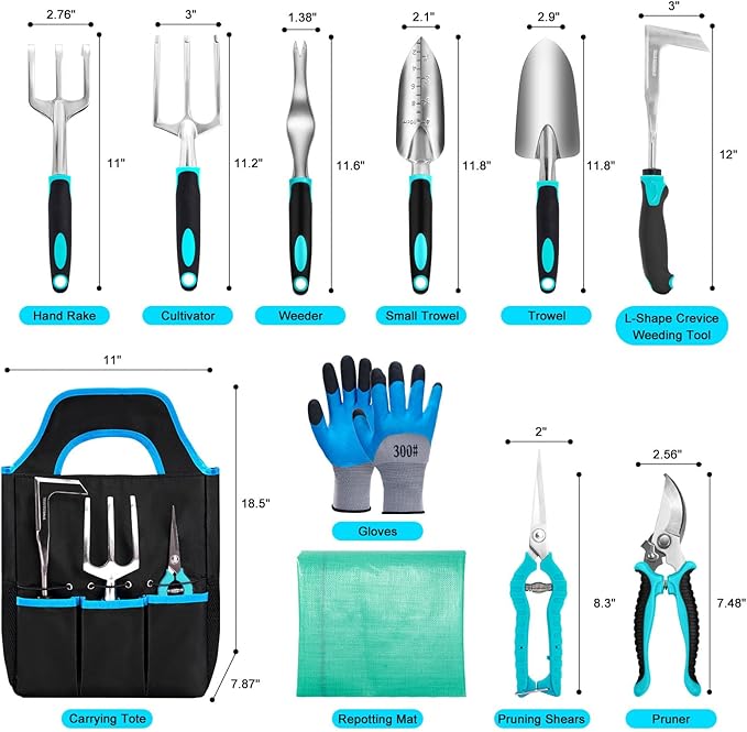 Garden Tool Set with Non Slip Rubber Grip,11 Piece Stainless Steel Gardening Tool Sets,Heavy Duty Outdoor Hand Tools Kit,Durable Tote Bag,Repotting mat,Uprooting Weeding Tool,Ideal Gifts for Women Men